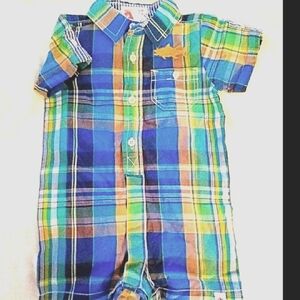 HATLEY COTTON CHAMBRAY PLAID SNAP BUTTON ONE-PIECE SHORTALL FISH*  3-6 m ☆NEW